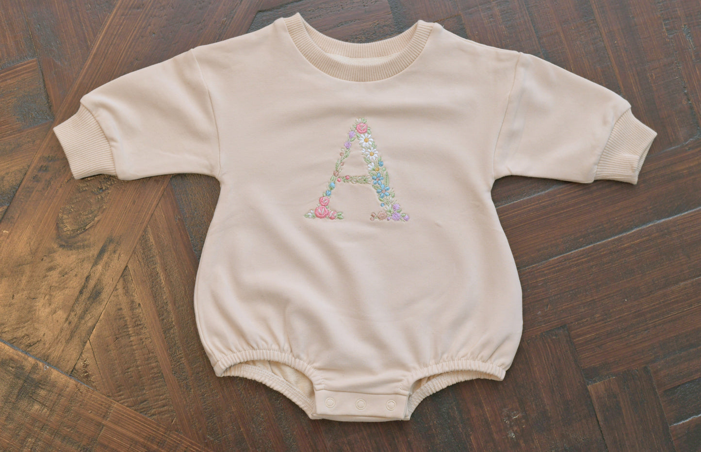 Embroidered floral monogram french terry romper