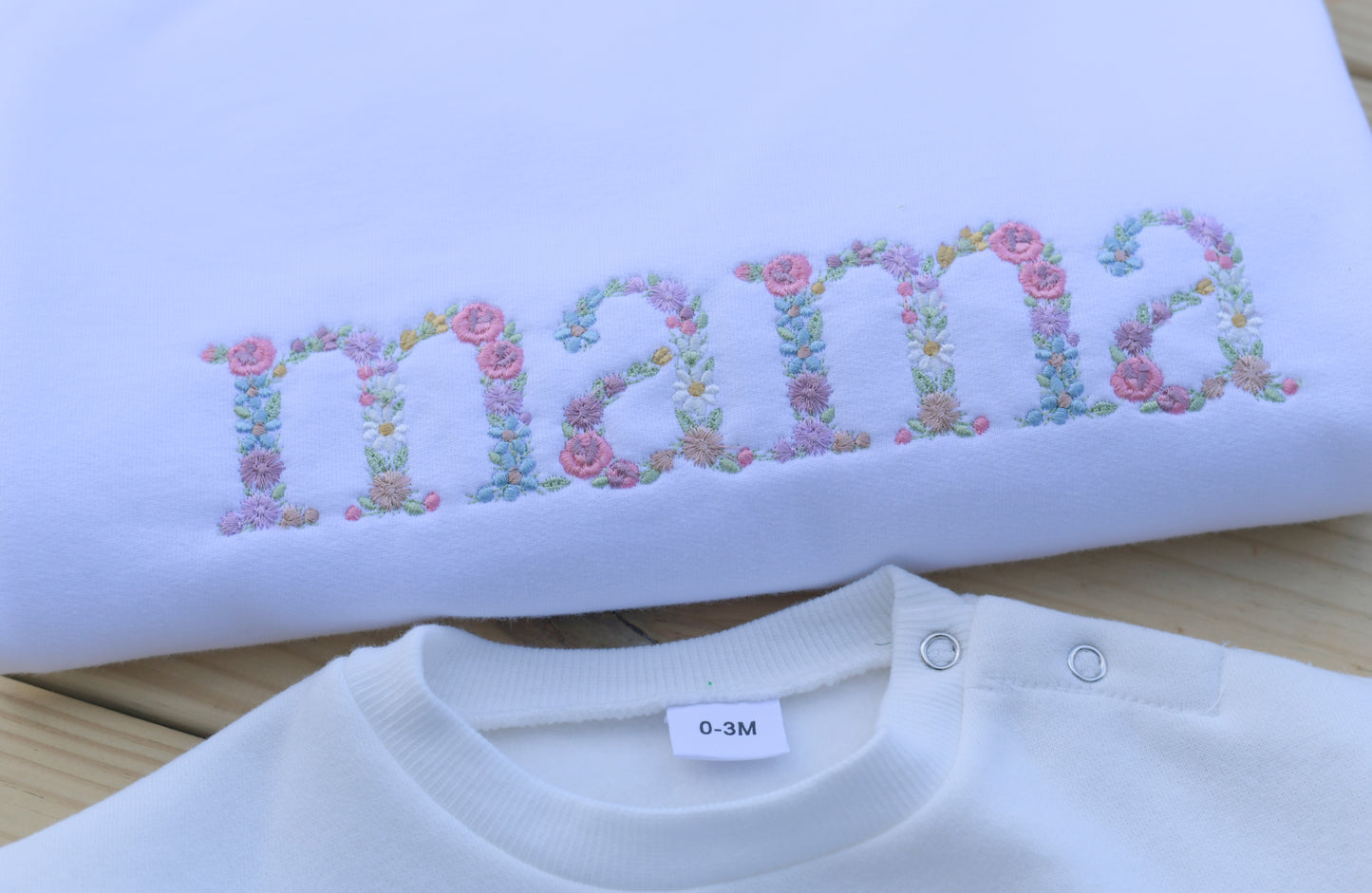Embroidered matching mama sweatshirt and baby romper