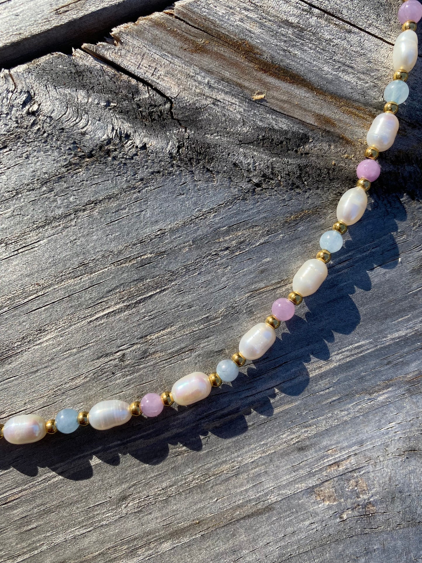 Freshwater Rice Pearl Necklace with Purple Angelite Stones