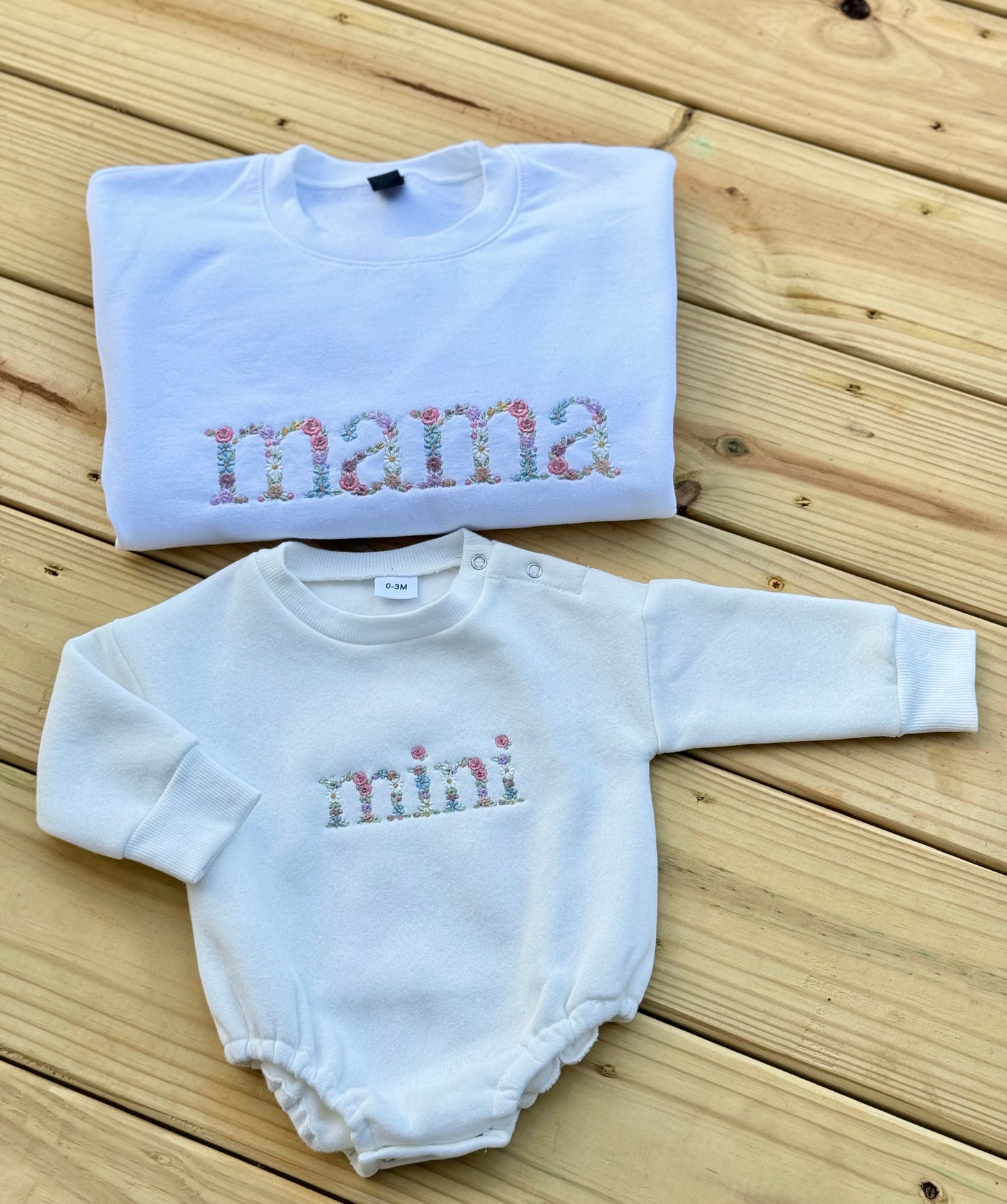 Embroidered matching mama sweatshirt and baby romper