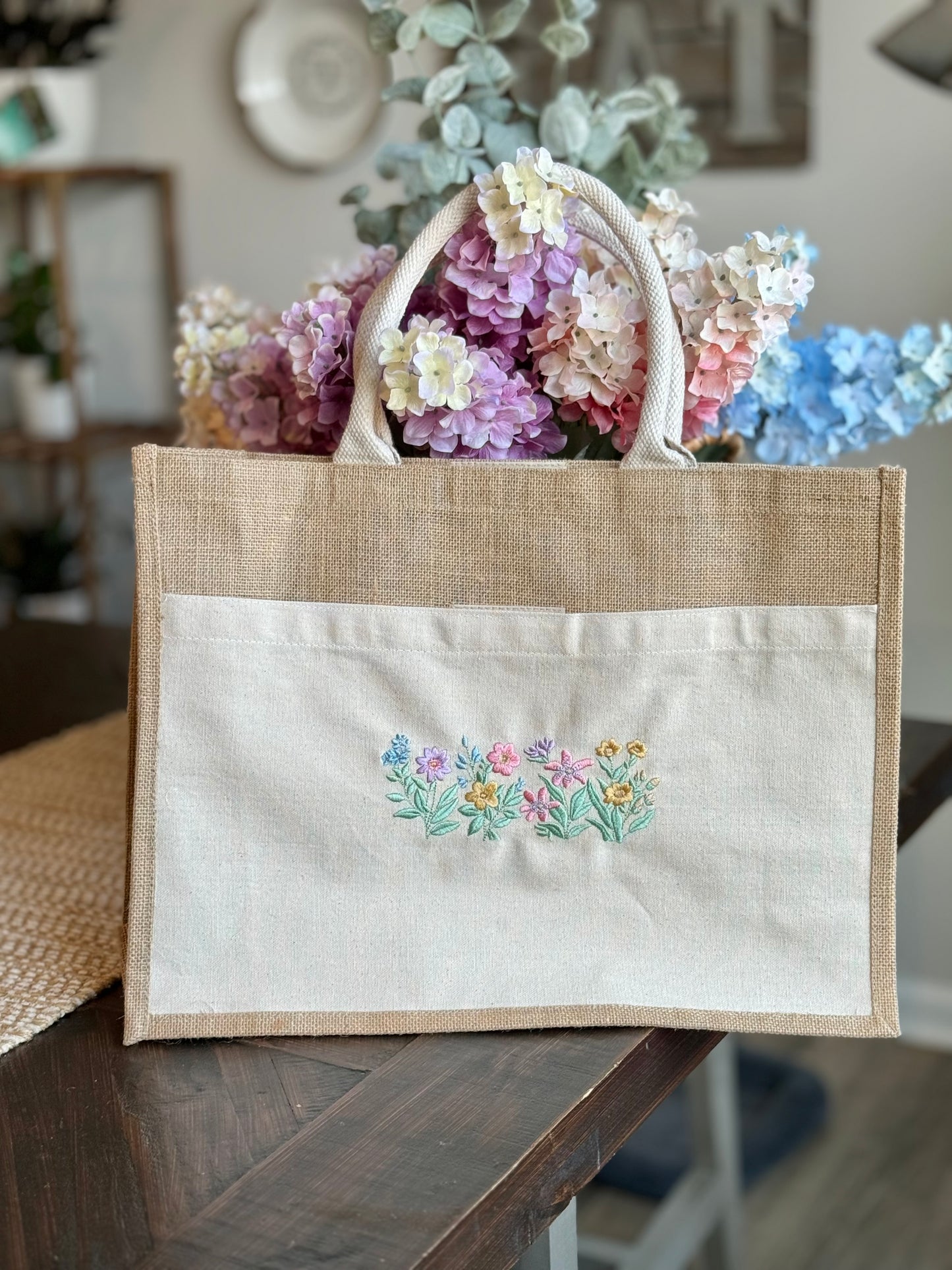 Summer Flower Embroidered Jute Tote bag