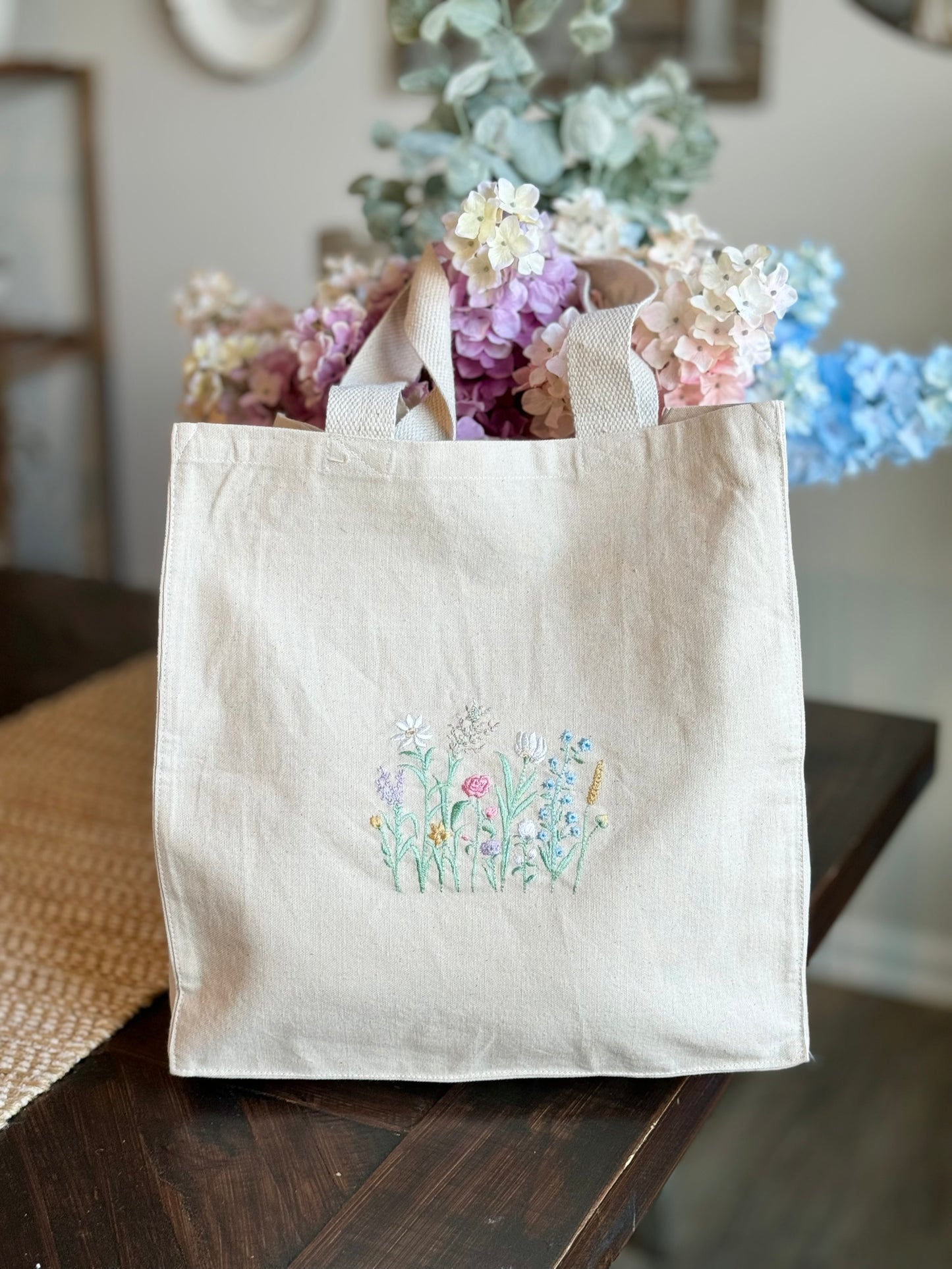 Extra-Large WildFlower Garden Embroidered Canvas Tote Bag