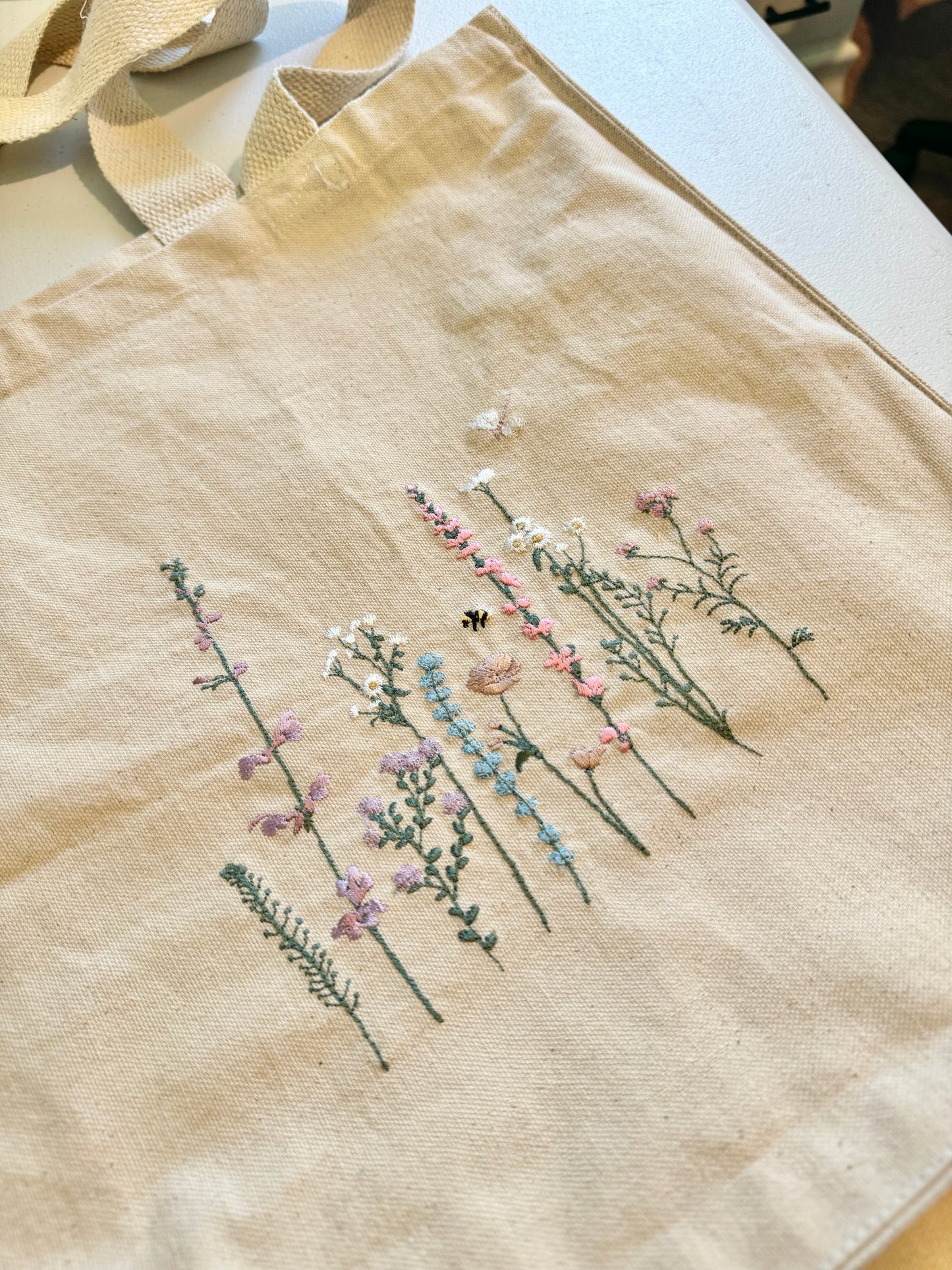 Wildflower meadow embroidered tote bag
