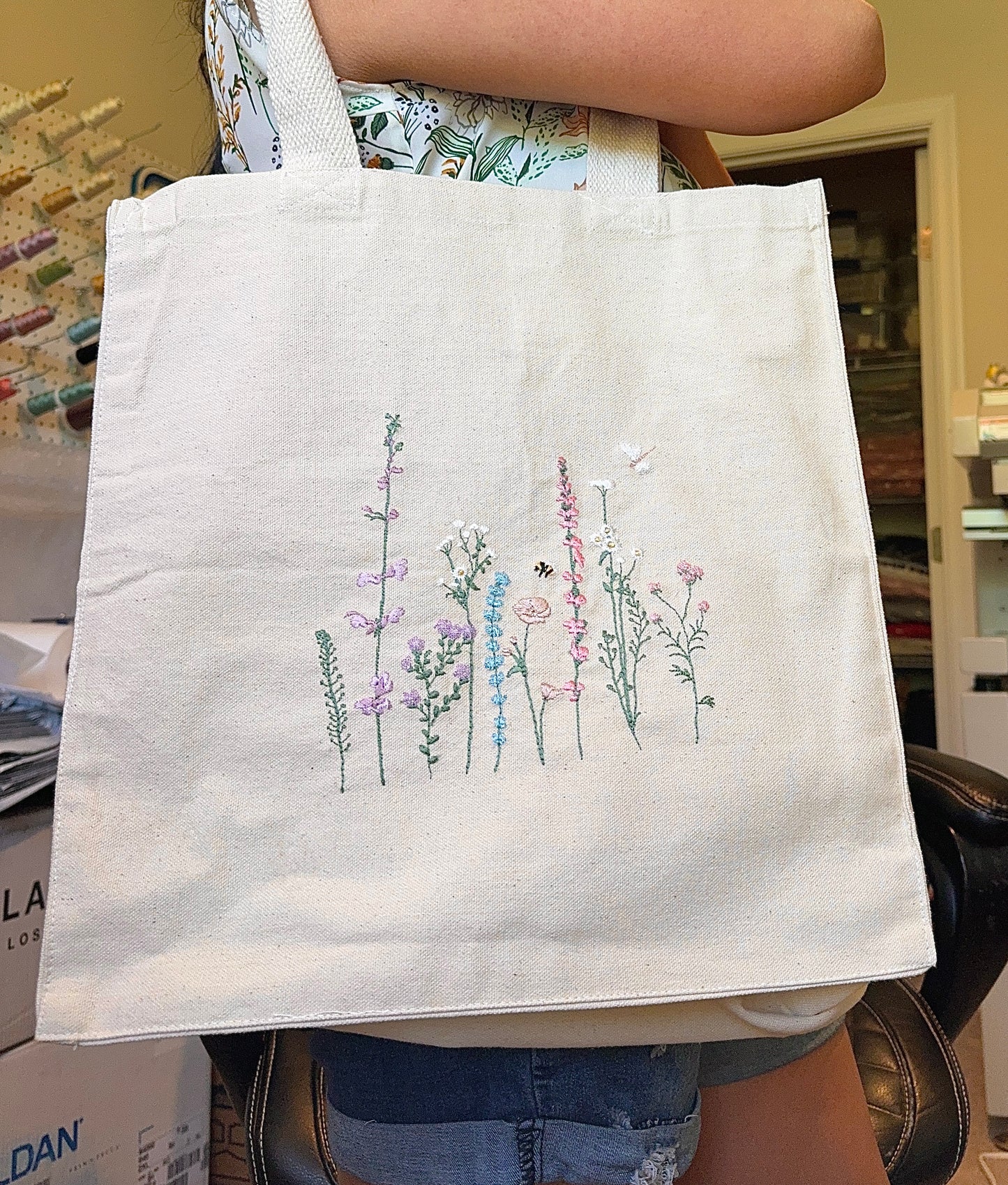 Wildflower meadow embroidered tote bag
