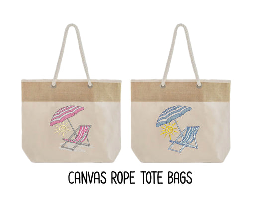 BEACH CHAIR EMBROIDERED CANVAS ROPE TOTE BAG