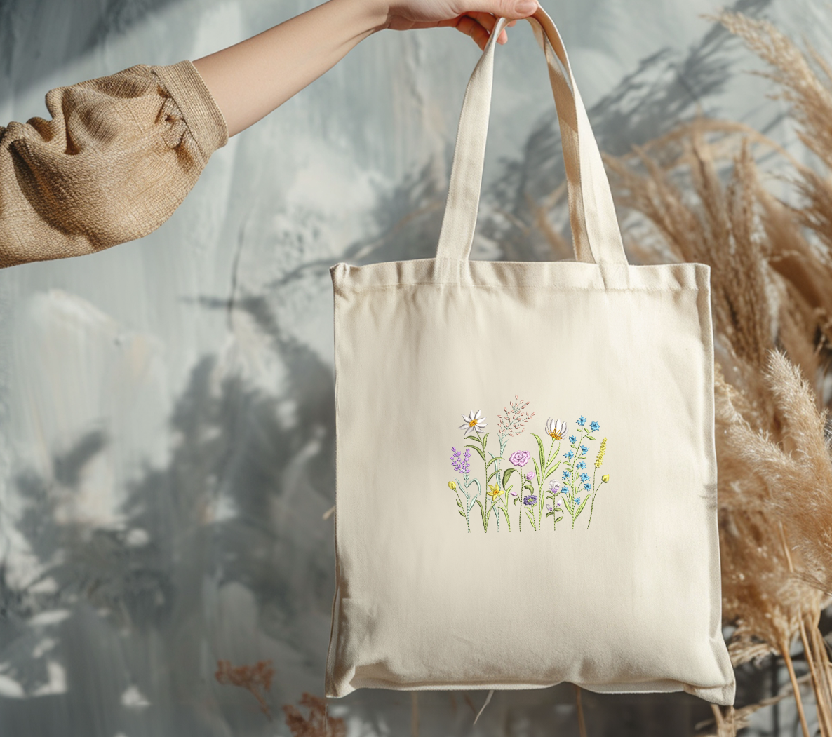 Extra-Large WildFlower Garden Embroidered Canvas Tote Bag
