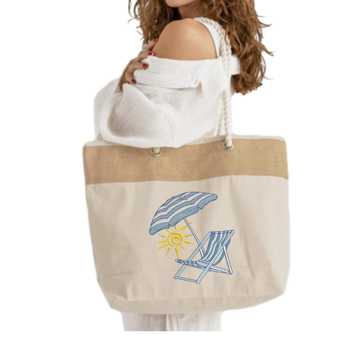 BEACH CHAIR EMBROIDERED CANVAS ROPE TOTE BAG