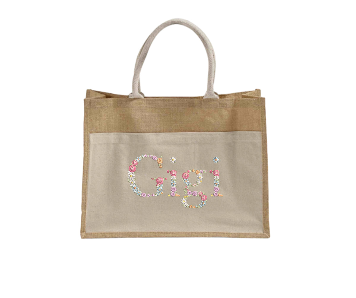 Custom Floral Names Embroidered Tote Bag