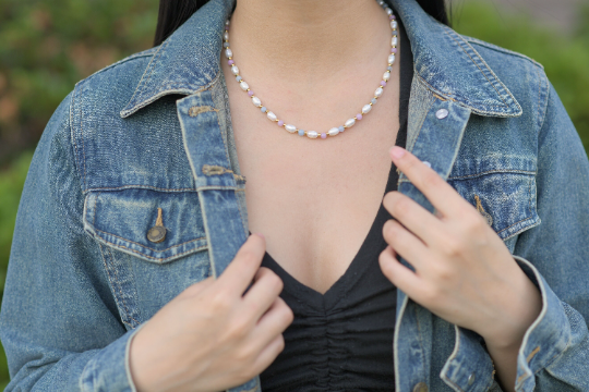 Freshwater Rice Pearl Necklace with Purple Angelite Stones