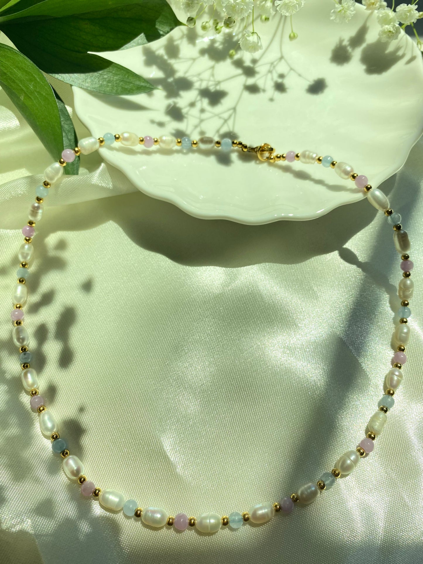 Freshwater Rice Pearl Necklace with Purple Angelite Stones