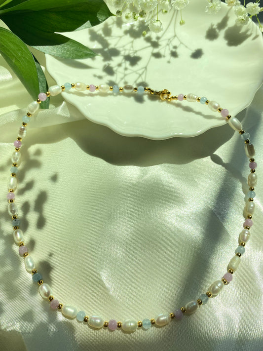 Purple Angelite Stones with Freshwater Rice Pearl Necklace