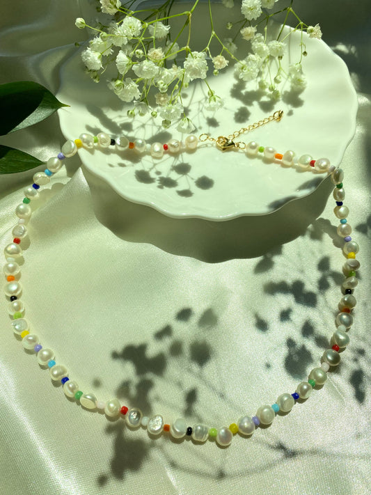 Rainbow Seed Beads Necklace with Freshwater Pearl