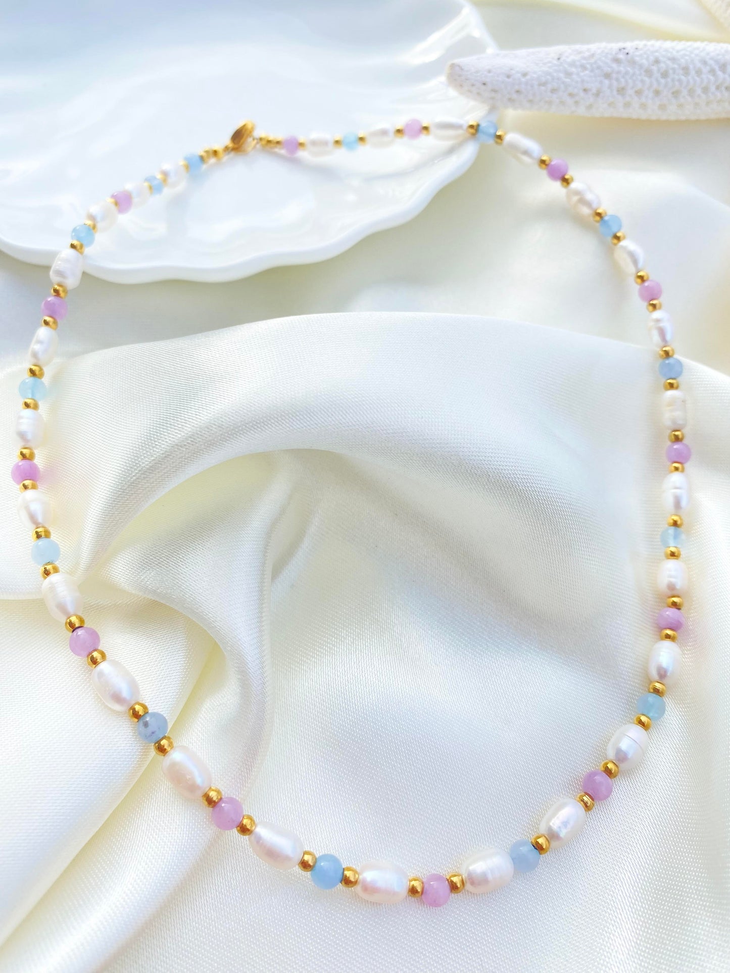 Freshwater Rice Pearl Necklace with Purple Angelite Stones