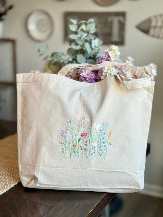Extra-Large WildFlower Garden Embroidered Canvas Tote Bag