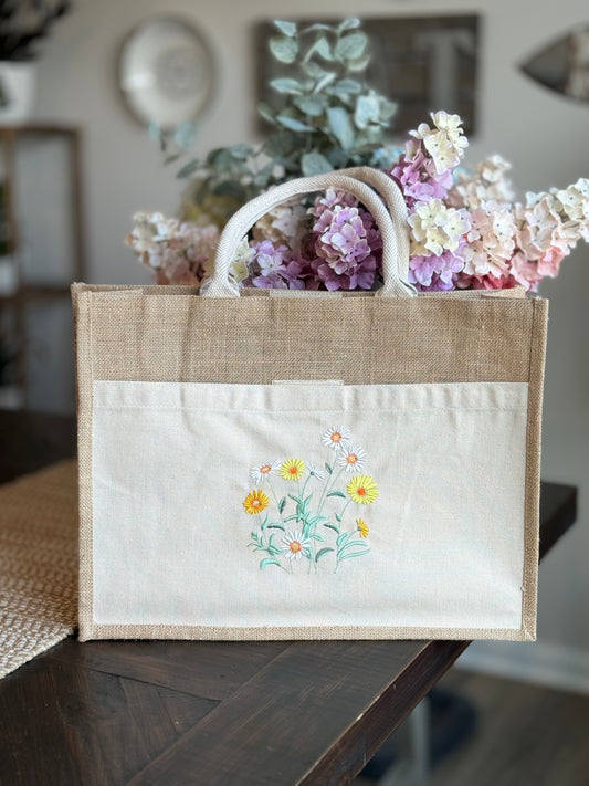 Summer Flower Embroidered Jute Tote bag