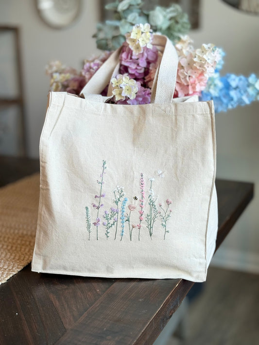 Wildflower meadow embroidered tote bag