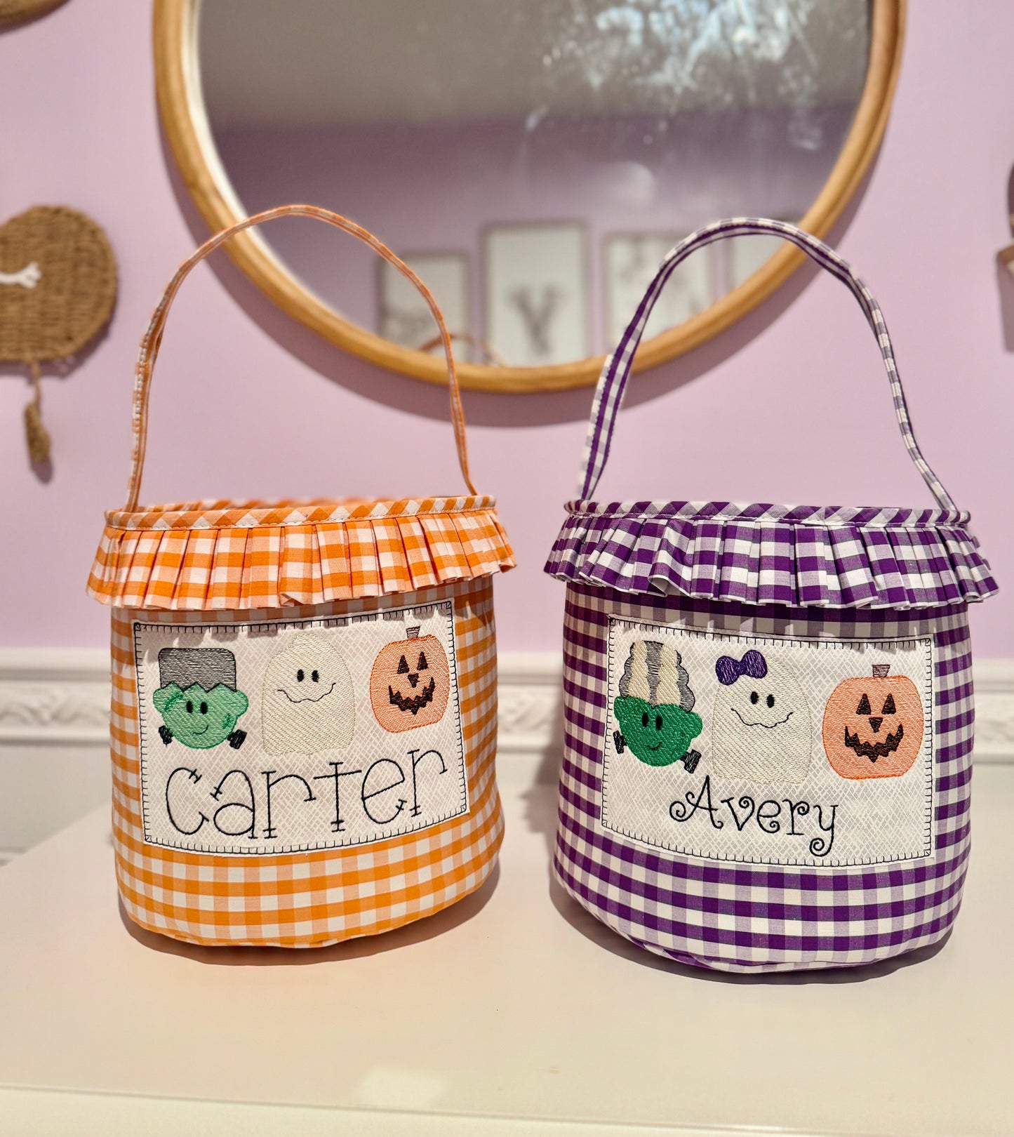 Ruffle Plaid Embroidered Name Holloween Basket