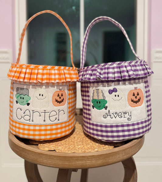 Ruffle Plaid Embroidered Name Holloween Basket