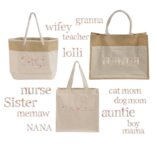 Custom Floral Names Embroidered Tote Bag