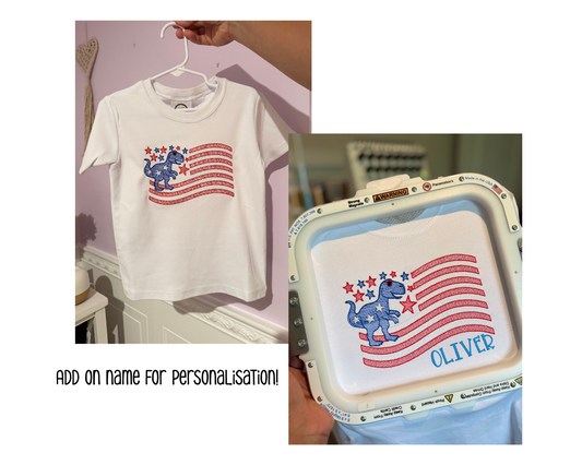 T-rex American Flag Embroidered Short Sleeves